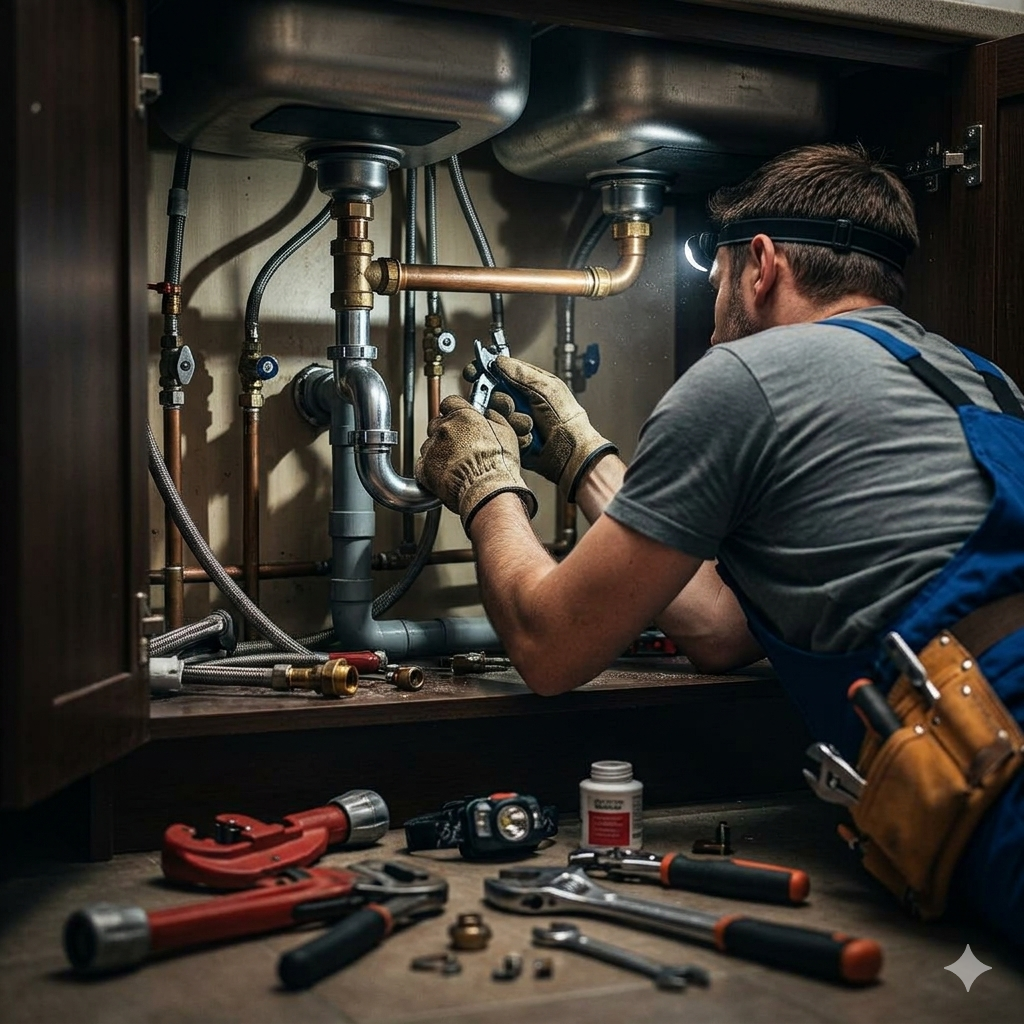UK plumber working under a kitchen sink, fixing pipes with a wrench